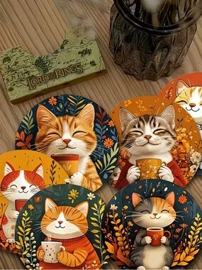 Set of 6 Cute Cat Coasters - Autumn Colors